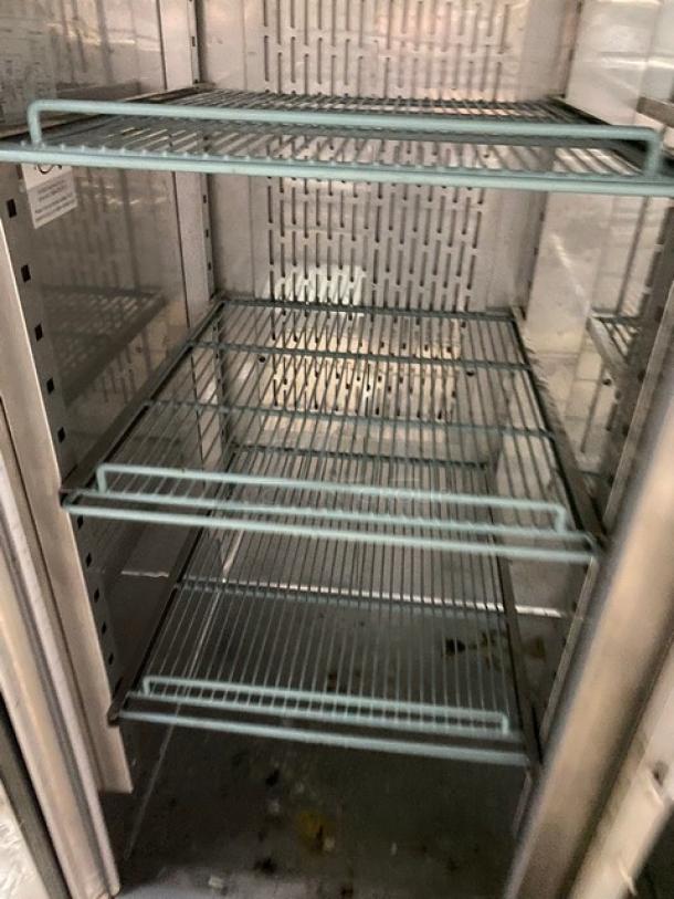 Avantco stainless steel double glass swing door reach-in merchandiser refrigerator, model 178SS2RGHC, with poly coated wire racks.