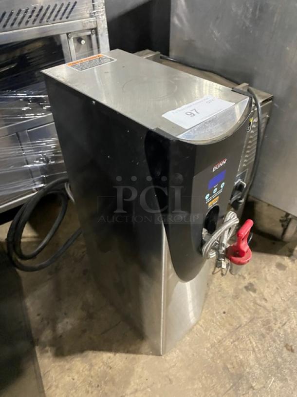 Bunn stainless steel electric hot water dispenser with digital temperature controls; sleek, durable countertop model.