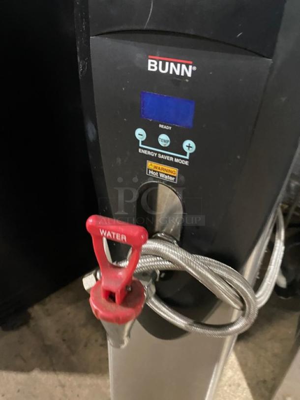 Bunn stainless steel electric countertop hot water dispenser with digital temperature controls and energy saver mode.