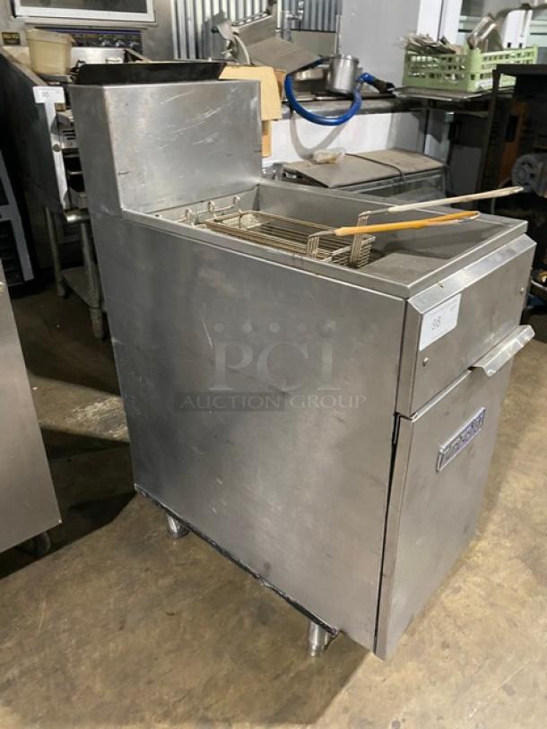 Imperial stainless steel deep fat fryer, natural gas, with backsplash and fry baskets. On legs; used condition.