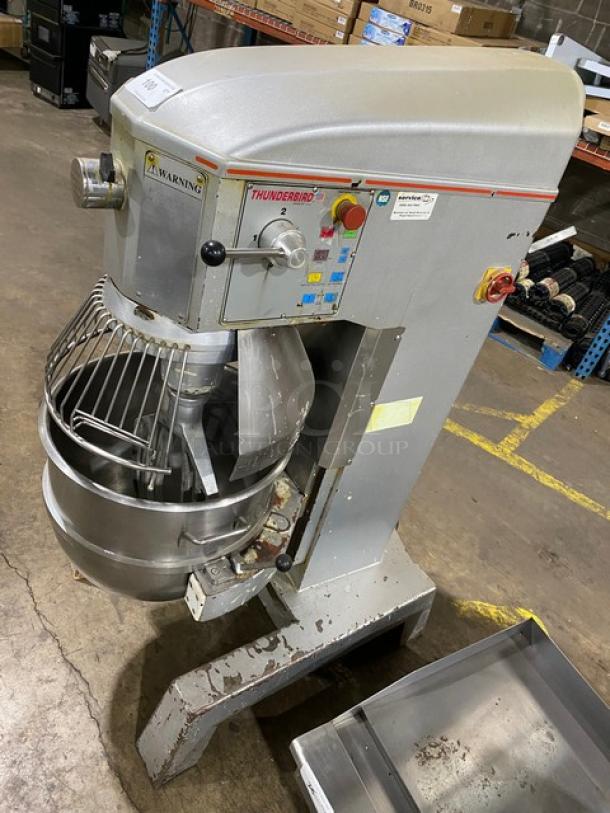 Thunderbird ARM60PBL 60 Quart Mixer, includes flat beater, stainless steel bowl, and bowl guard. Model: ARM-60PBL, SN: 7001196.