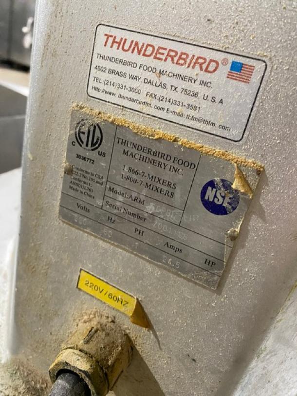 Thunderbird ARM-60PBL 60-quart planetary mixer with flat beater, stainless steel bowl, bowl guard, and model/serial labels.