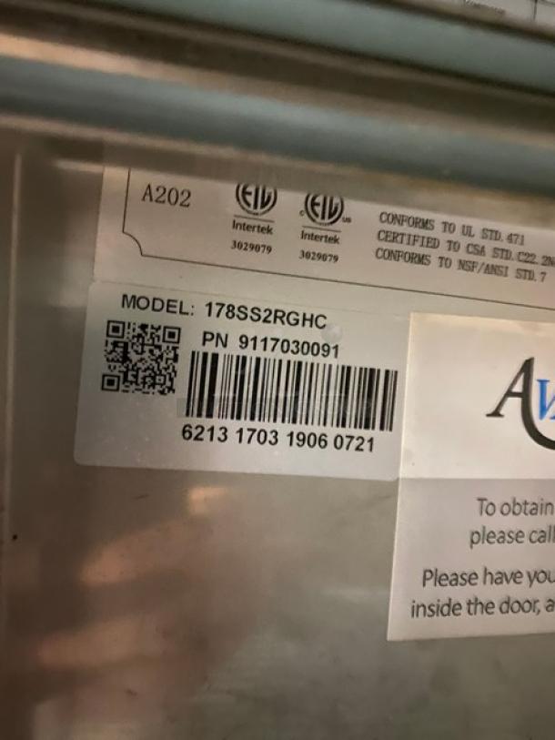 Avantco stainless steel double glass swing door reach-in merchandiser refrigerator, Model 178SS2RGHC, with poly coated wire racks, 115V, SN: 6213170319060721.