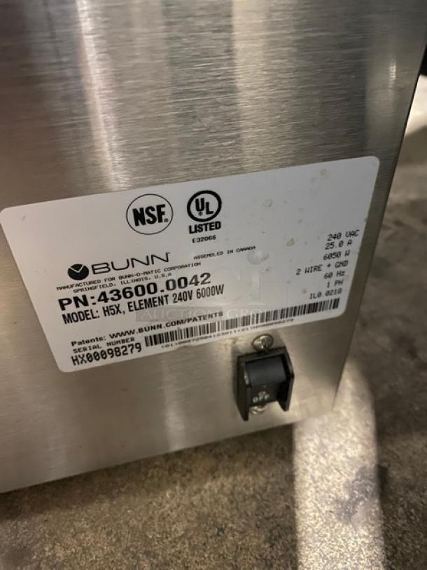 Bunn H5X stainless steel hot water dispenser, digital controls, 240V, NSF/UL certified, model/serial labels visible.