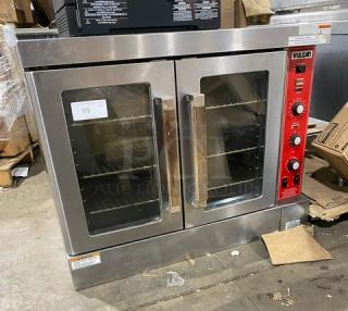 Vulcan commercial stainless steel convection oven, natural gas powered, single stacked with thermostatic control and wired racks.