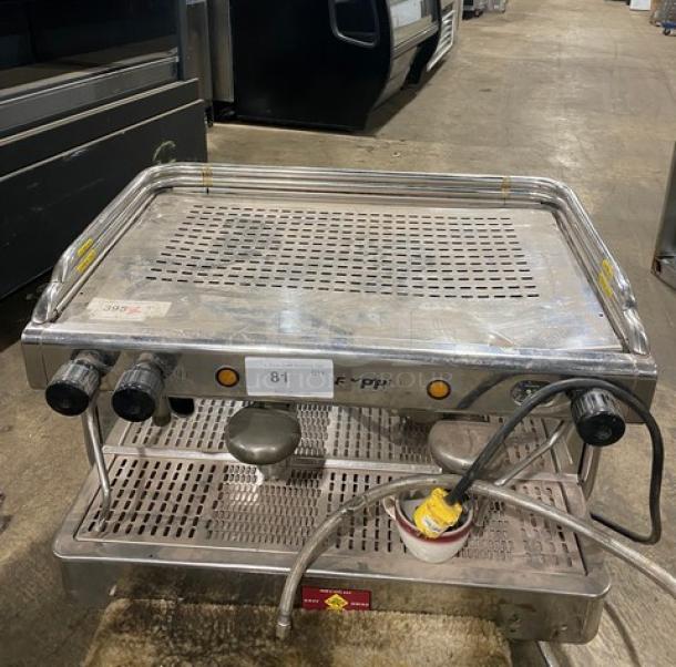VFA Express CP stainless steel twin espresso machine with steam wands, drip tray, model CP, serial 015830S, 115-220V.