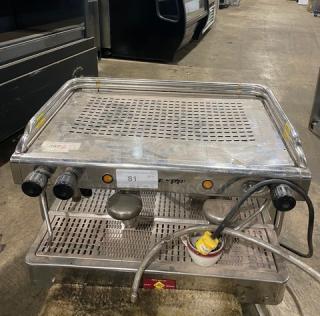 VFA Express CP stainless steel twin espresso machine with steam wands, drip tray, model CP, serial 015830S, 115-220V.