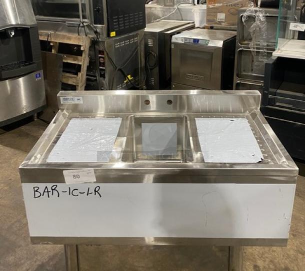 Prepline BAR-1C-LR commercial stainless steel single compartment underbar handwashing sink, new, with 3" backsplash, side drain boards, and faucet.