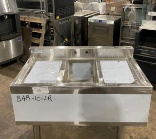 Prepline BAR-1C-LR commercial stainless steel single compartment underbar handwashing sink, new, with 3" backsplash, side drain boards, and faucet.