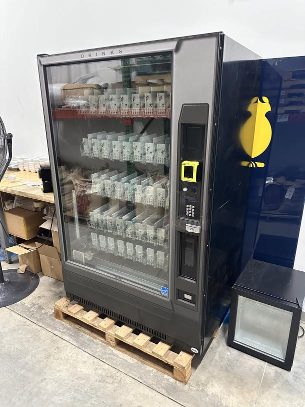Sanden Vendo drink vending machine, model GF9ART00012, sleek black design, tested and working, 8.0 A, 115 V, serial 1468258.