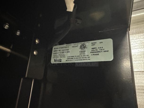Sanden Vendo drink vending machine label. Model GF9ART00012, Serial No. 1468258. 8.0 A, 115 V, 60 HZ, Phase 1.