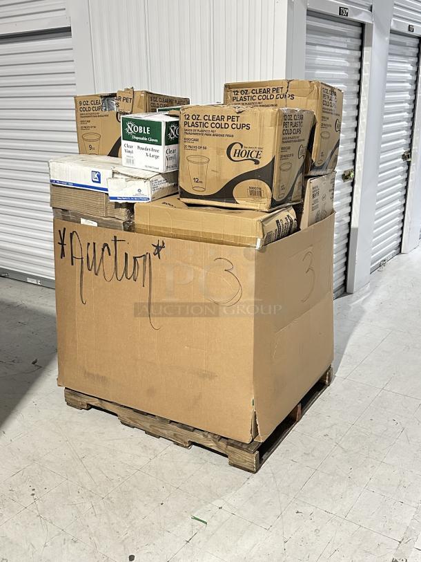 Brand new mixed pallet of foodservice supplies in boxes, includes Choice cups, Noble gloves, and more. Auction item.