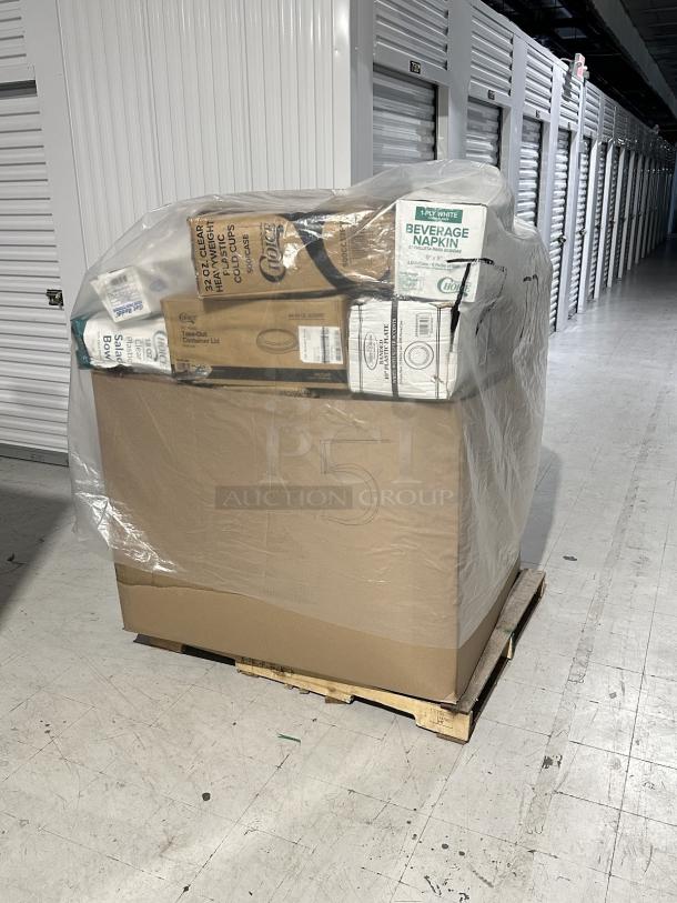 Mixed pallet of new Choice, Dart, Noble, and Lavex items; napkins, cups, gloves, containers; various cases boxed on pallet.