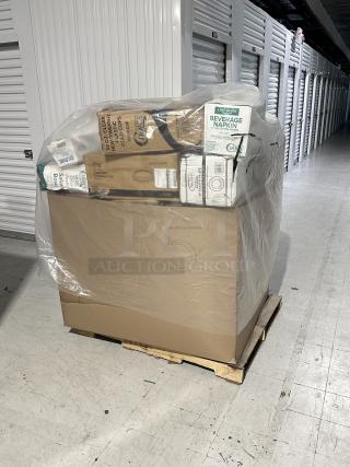 Mixed pallet of new Choice, Dart, Noble, and Lavex items; napkins, cups, gloves, containers; various cases boxed on pallet.