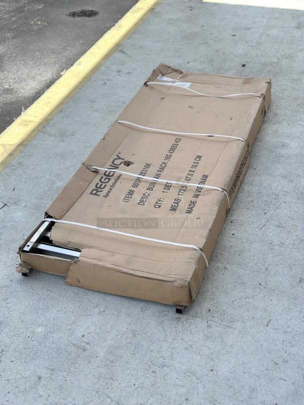 Brand new Regency 20 Pan End Load Stainless Steel Bun/Sheet Pan Rack, Model 600pr20316k, unassembled in original scratched box.