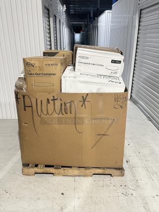 Brand new mixed pallet of catering supplies in boxes, including containers, plates, cups, and cutlery. Auction item.
