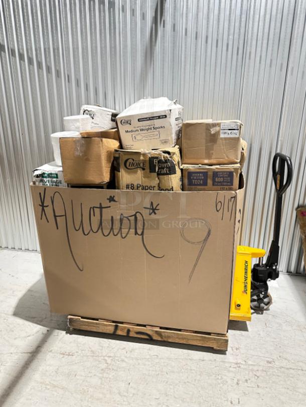 Mixed pallet of assorted new Choice and Visions brand food service containers, cups, and wraps in original boxes.