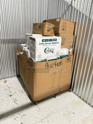 Pallet with mixed boxes of Choice dinner napkins, cold cups, and various food service items. Condition: brand new.