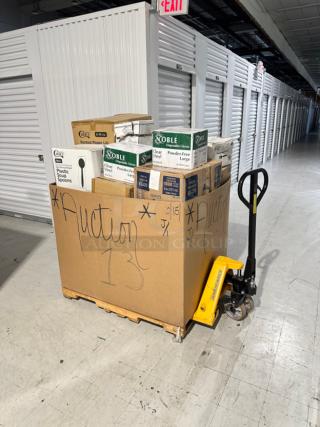 Mixed pallet of boxed disposable foodservice items including napkins, cups, containers, cutlery, and plates. Brand: Choice, EcoChoice, Visions. Auction lot marked "Auction 13."