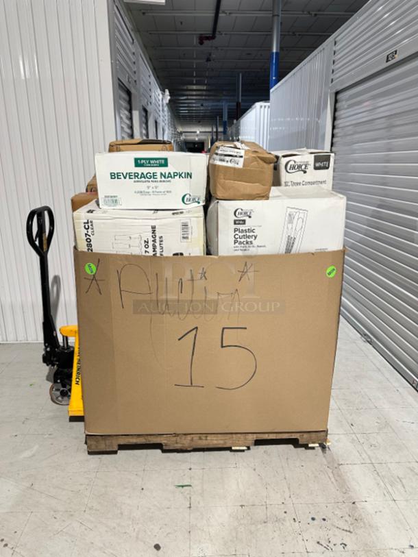 Mixed pallet of new products in boxes including Lavex toilet paper, Choice cutlery, and Tork napkins for auction 15.