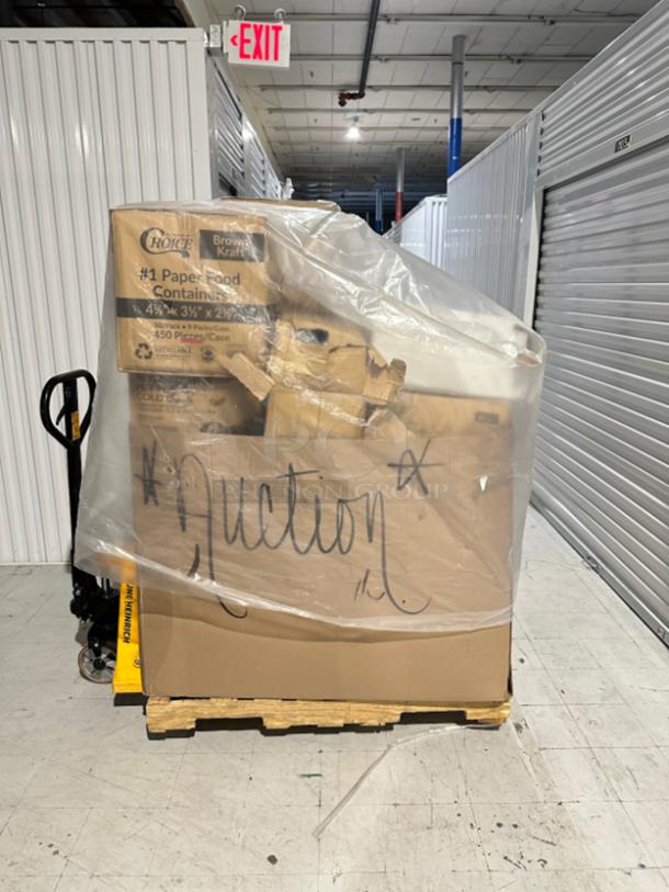 Mixed pallet of boxed World Centric and Choice foodservice items, brand new condition, ideal for eco-friendly catering.