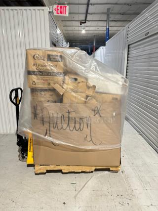 Mixed pallet of boxed World Centric and Choice foodservice items, brand new condition, ideal for eco-friendly catering.