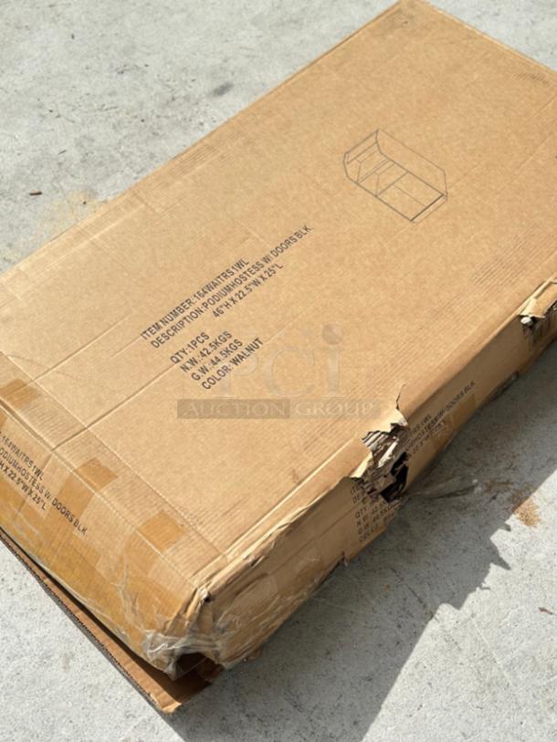 Lancaster Table & Seating 46" Walnut Host Station, Model 164WAITRS1WL, in original packaging with visible box damage.