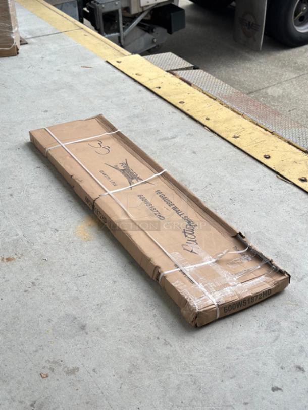 BRAND NEW! Regency 16 Gauge Stainless Steel 18" x 72" Wall Shelf, Model 600WS1872HD, in original packaging, minor box damage.