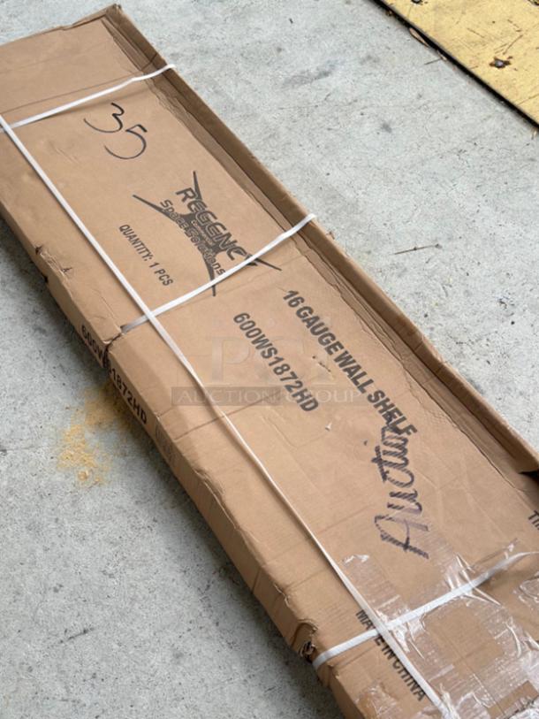 Regency 16-gauge stainless steel 18"x72" wall shelf, model 600WS1872HD, new with minor box damage.