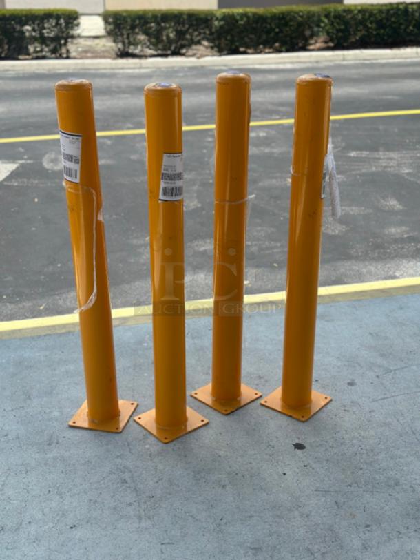 Four Eagle Manufacturing 1732 Yellow Fluted Bollard Covers, 4"x56", model 8441732. New, scratch and dent condition. Labels visible.