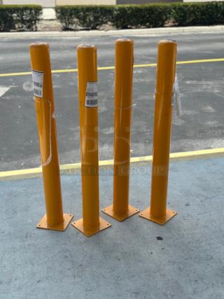 Four Eagle Manufacturing 1732 Yellow Fluted Bollard Covers, 4"x56", model 8441732. New, scratch and dent condition. Labels visible.