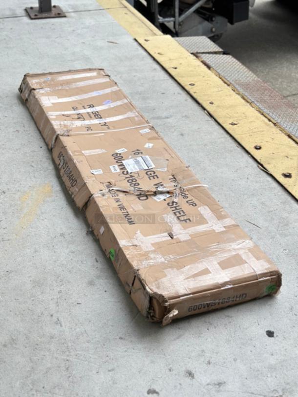 Regency 16-gauge stainless steel wall shelf, model 600WS1884HD, brand new, scratch and dent, packaged in worn box.