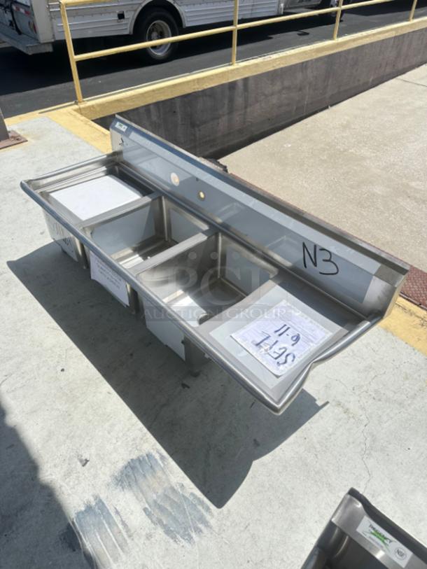 Brand new Regency 600S316201GR stainless steel 72.5" commercial sink, three 16"x20"x12" bowls, right drainboard. Scratch and dent.