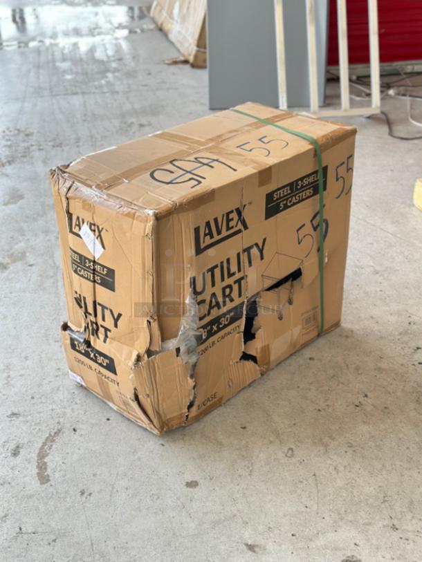 Brand new Lavex utility cart, model 257LSUC18303, in damaged box. Steel, 30"x18"x35", three shelves, fully welded.