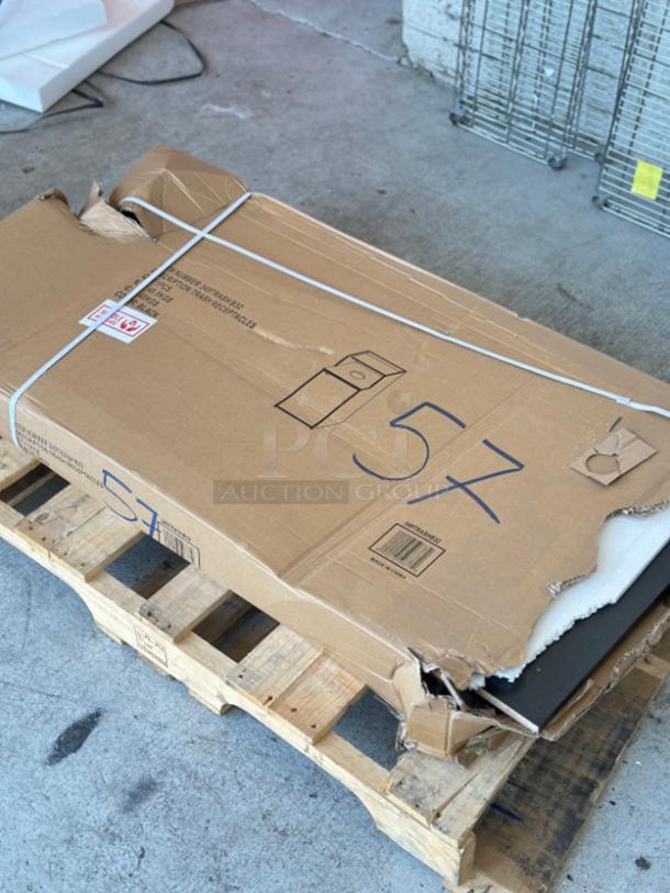 Brand new Lancaster Table & Seating 32-gallon black waste receptacle enclosure, model 349TRASHB32, boxed with damage.