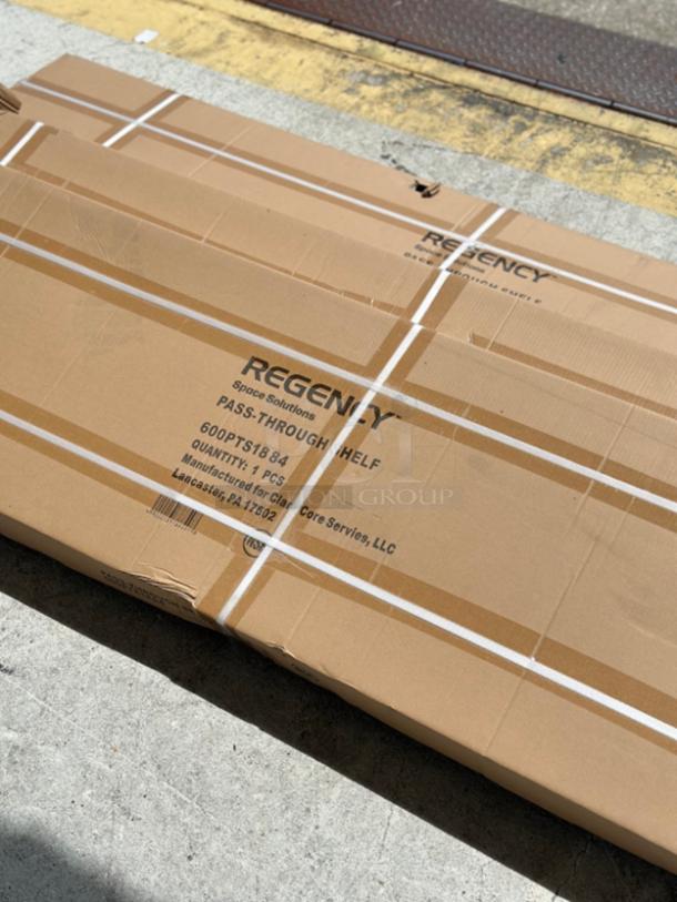 Regency 16-gauge stainless steel pass-through shelf in box, model 600PTSD1884, 18"x84", new condition.