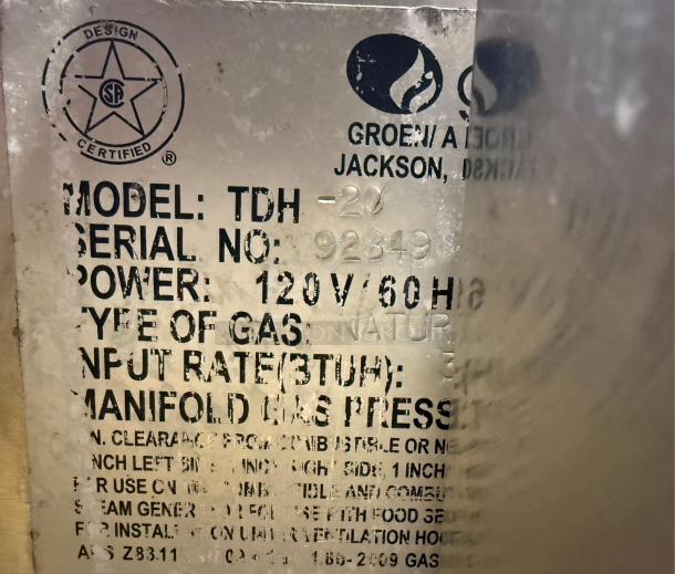 GROEN TDH-20 gas steam jacketed tilting kettle label, power: 120V/60Hz, natural gas, serial: 92349, design certified.