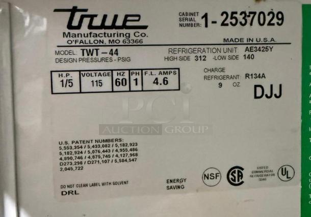 Label for TRUE TWT-44-HC Worktop Refrigerator, showing model, voltage, refrigerant type, NSF and UL certification marks.