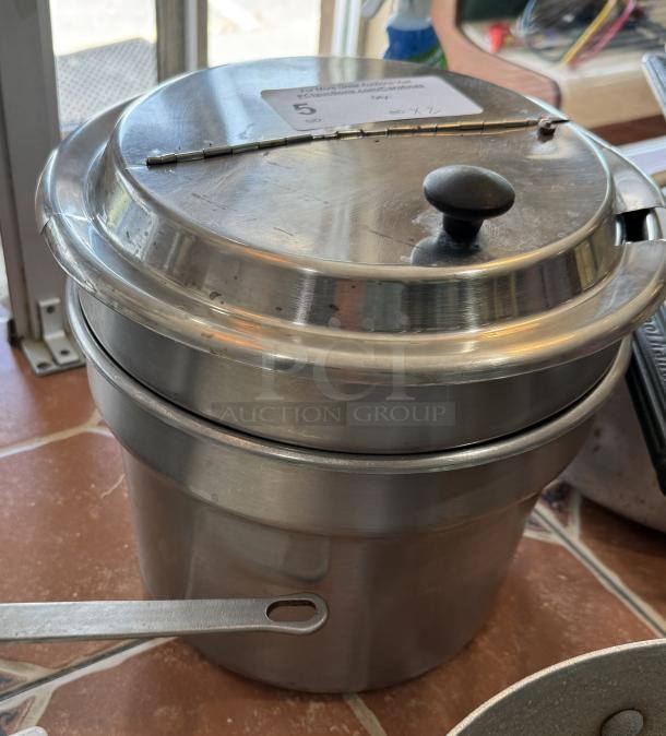 Stainless steel pots with lid and handle for soup and chili; visible label indicates item number 5.