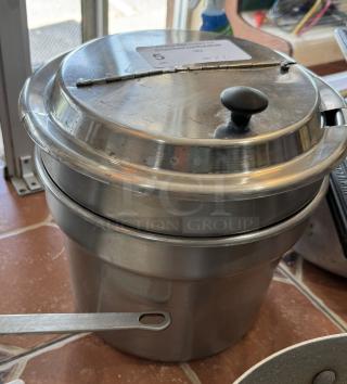Stainless steel pots with lid and handle for soup and chili; visible label indicates item number 5.