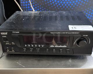 Pyle Sound System PT272AUBT, hybrid amplifier with AM/FM tuner, USB/SD/BT inputs, worn condition, volume and function knobs.