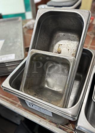 Assorted 6-inch steam table pans, visible wear, includes five pans. Auction label indicates item number 17.