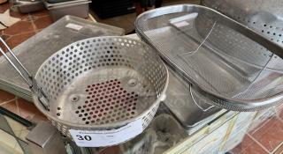 Two large strainers with perforated metal and mesh designs, showing good condition, auction label indicates item 30.