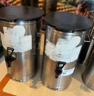 Bunn tea/beverage dispensers, stainless steel, with lids and taps, visible branding and labels, good condition, set of 2.