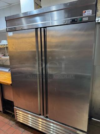 Maxxcold MXSR-49FD double-door refrigerator, stainless steel, tested and working, with brand label on top left corner.