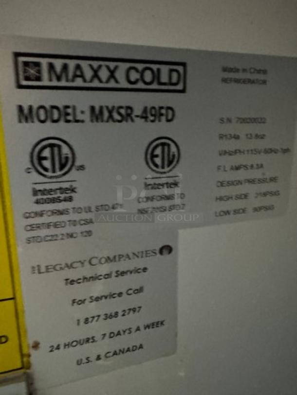 Maxxcold MXSR-49FD 2-door refrigerator with visible label indicating model, certification, and technical service info.