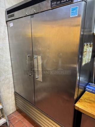Maxxcold 2 Dr. Refrigerator, model MCF-49DRE, stainless steel, tested and working condition, features dual handles.