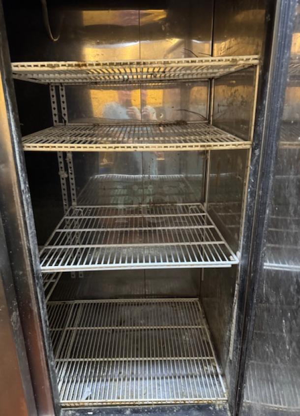 Maxxcold 2 Dr. Refrigerator, Model MCF-49DRE, used condition, four shelves, tested and working, metallic interior.