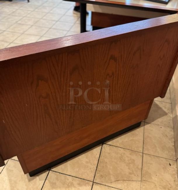 Dining room single booth with finished ends and backs, wood grain texture, excellent condition. Quantity: 7 available.