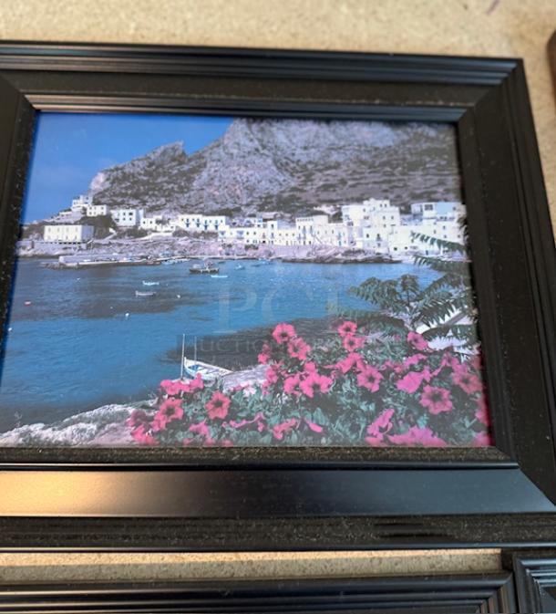Framed Italian artwork depicting seaside village, vivid colors, good condition, 6 x bid.